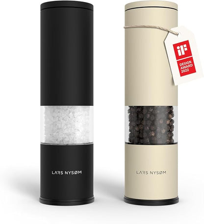 LARS NYSØM Salt and Pepper Grinder Set Manual, Stainless Steel Salt and Pepper Mills with Adjustable Ceramic Grinder I Design Spice Shakers (Black/Beige) by LN