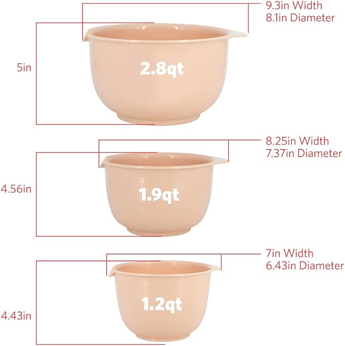 Glad Mixing Bowls with Pour Spout| Nesting Design Saves Space | Non-Slip, BPA Free, Dishwasher Safe Plastic | Kitchen Cooking and Baking Supplies, Blush, 3 piece set - Image 3