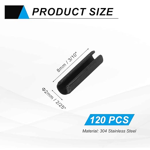 MECCANIXITY 120Pcs Slotted Split Roll Pins 2/25 Inch(2mm) Dia. 3/10 Inch(8mm) Length Steel Spring Tension Expansion Dowels for Secure Fastening, Black