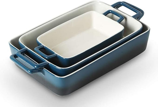 KOOV Bakeware Set, Ceramic Baking Dish, Rectangular Baking Pans Set, Casserole Dish for Cooking, Cake Dinner, Kitchen, Wrapping Upgrade, 12 x 8.5 Inches, 3-Piece (Gradient Blue) by KOOV