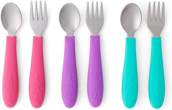 Elk and Friends Kids Silverware with Silicone Handle | Childrens Safe Flatware | Toddler Utensils | Baby Spoons + Forks | Stainless Steel Cutlery | Dishwasher Safe | 6 Pieces by ElkandFriends