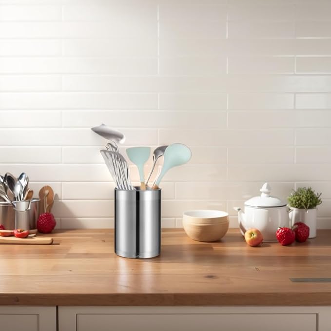 KSENDALO Stainless Steel Utensil Holder for Counter 5.0" Diameter, Brushed Metal Utensil Crock Canister for Cooking Utensils on Countertop, with Heavy Base, Dishwasher Safe,Silver - Image 2