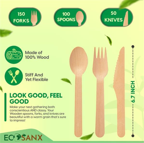 ECOSANX® 300 PCs Disposable Wooden Cutlery set 6.5" Splinter Free Compostable Utensils for party, Eco-Friendly, 100% All-Natural Bamboo Utensils set for picnic, Bamboo cutlery set for Events & More - Image 2