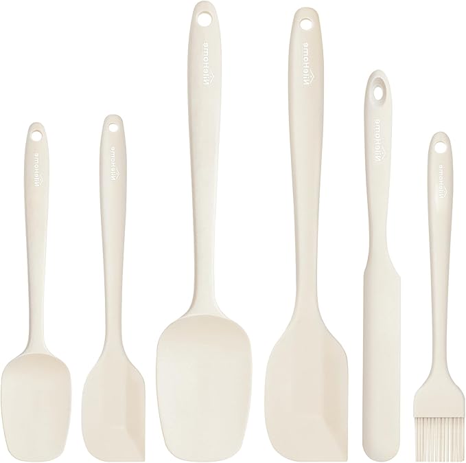 NileHome Silicone Spatula Set, 6 Pieces Food Grade Kitchen Utensils with Silicone Brush Heat Resistant Dishwasher Safe BPA-Free Rubber Spatula for Scraping, Baking, Cooking, Mixing-Ivory by NileHome