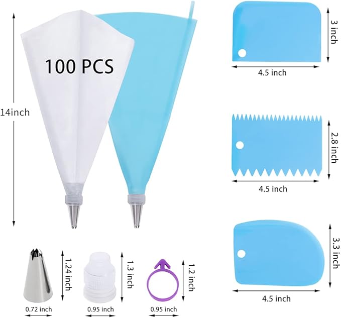 Piping Bags and Tips Set, 100Pcs 12 Inch Pastry Bags, Icing Bags Disposable for Cakes Decorating Kit Supplies with 1 Reusable Piping Bags, 1 Couplers, 12 Frosting Tips, 2 Bag Ties, 3 Cake Scraper - Image 2
