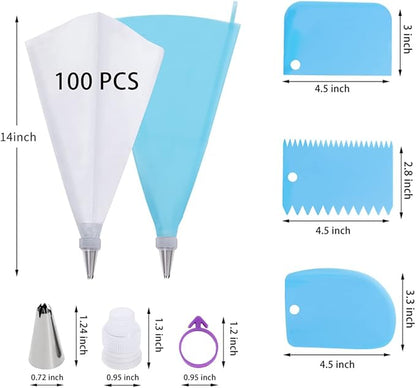 Piping Bags and Tips Set, 100Pcs 12 Inch Pastry Bags, Icing Bags Disposable for Cakes Decorating Kit Supplies with 1 Reusable Piping Bags, 1 Couplers, 12 Frosting Tips, 2 Bag Ties, 3 Cake Scraper - Image 2