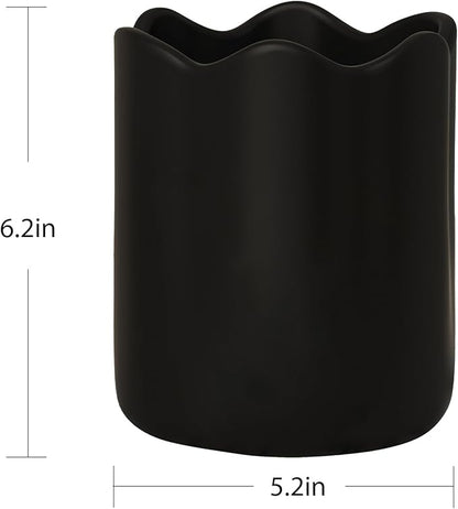 Large Utensil Holder for Kitchen Counter, Ceramic Kitchen Utensil Crock with Protection Cork Mat, Modern Cooking Tools Organizer for Countertop, Black