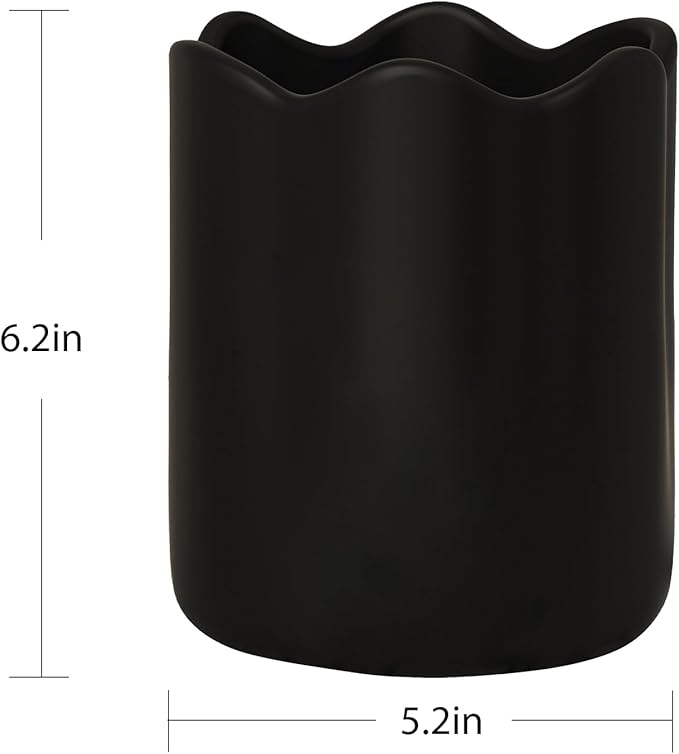 Ceramic Utensil Holder for Kitchen Counter, 6.2" Kitchen Utensil Holder with Cork Bottom for Countertop, Modern Scalloped Cooking Tool Organizer for Spatula, Matte Black - Image 5