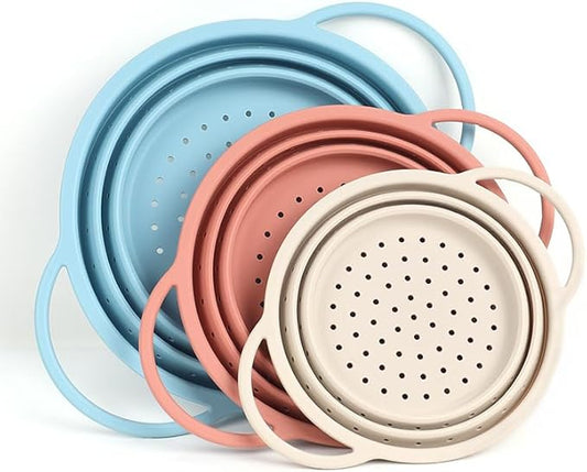 Silicone Colander Set – Collapsible Platinum Silicone Strainer with Stainless Steel Rim, Space-Saving & Heat-Resistant, Dishwasher Safe, BPA-Free by SelectShen™ (3 Pack) by SelectShen%E2%84%A2EcoPremiumLiving