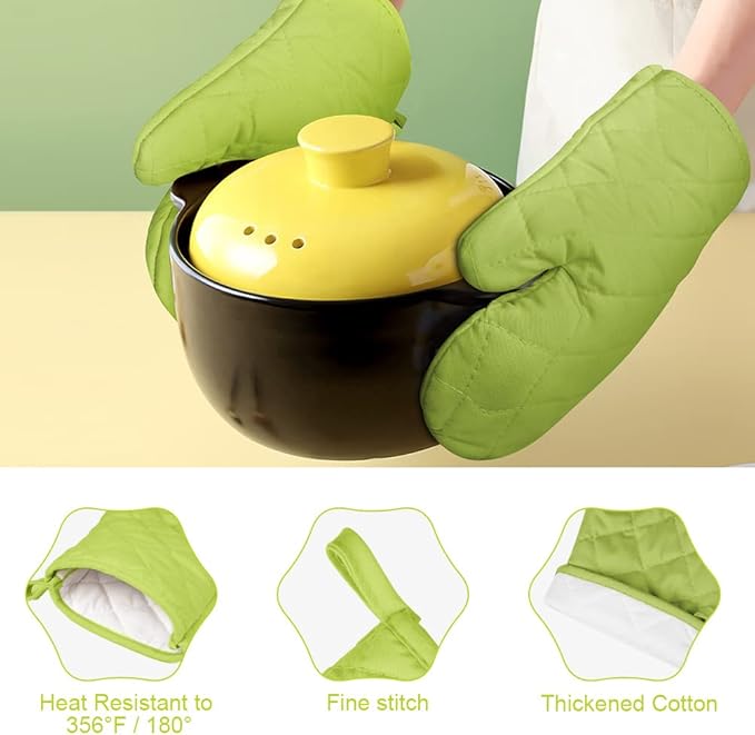 AUAUY Green Oven Mitts, 1 Pair Kitchen Mittens, 392°F Heat Resistant Oven Gloves Non-Slip Kitchen Gloves for Oven, BBQ Gloves-Oven Mitts Infill Cotton Cooking Gloves for Oven Grilling Cooking Baking - Image 2