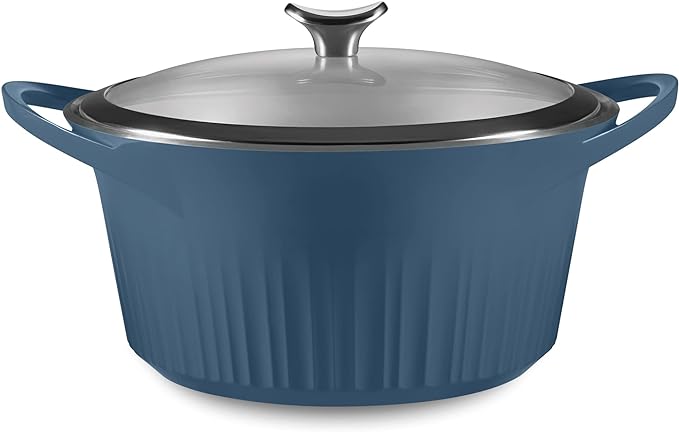 CorningWare QuickHeat 5.5-QT Cast Aluminum Dutch Oven With Lid & Non-Stick Ceramic Interior, Lightweight and Fast Even Heat Baking & Cooking, For Meats, Soup, Browning, Searing, French Navy
