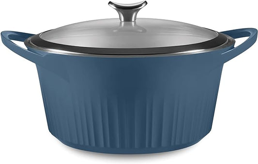 CorningWare QuickHeat 5.5-QT Cast Aluminum Dutch Oven With Lid & Non-Stick Ceramic Interior, Lightweight and Fast Even Heat Baking & Cooking, For Meats, Soup, Browning, Searing, French Navy