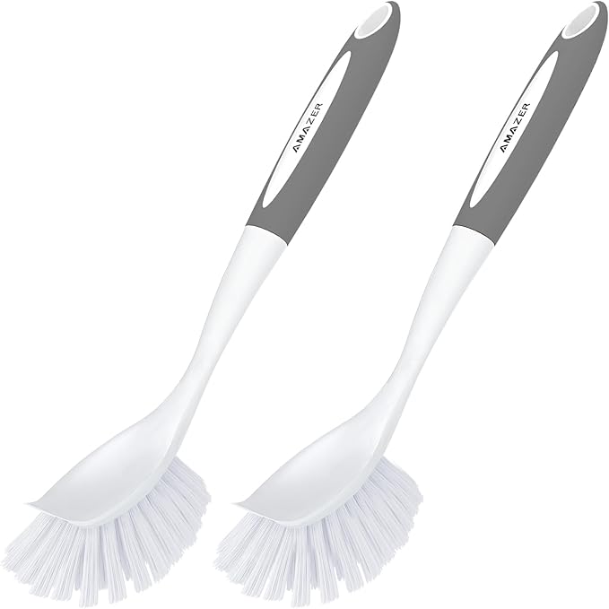 Amazer Dish Brush with Handle, 2 Pack Kitchen Scrub Brushes for Cleaning, Dish Scrubber with Stiff Bristles for Sink, Pots, Pans (Grey+Grey) by Amazer