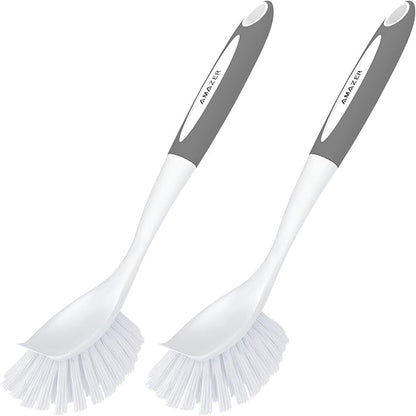 Amazer Dish Brush with Handle, 2 Pack Kitchen Scrub Brushes for Cleaning, Dish Scrubber with Stiff Bristles for Sink, Pots, Pans (Grey+Grey) by Amazer