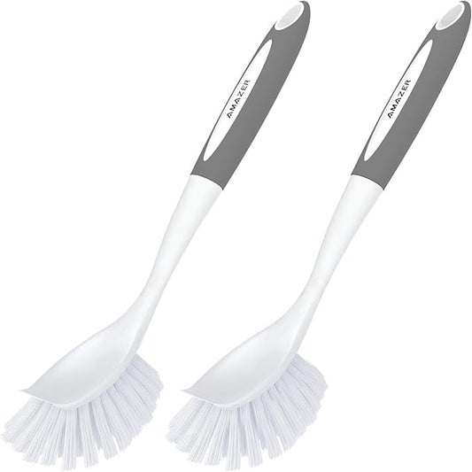 Amazer Dish Brush with Handle, 2 Pack Kitchen Scrub Brushes for Cleaning, Dish Scrubber with Stiff Bristles for Sink, Pots, Pans (Grey+Grey) by Amazer