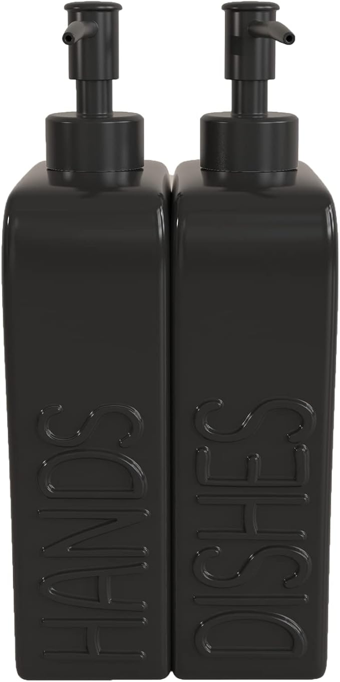 Soap Dispenser Set with Stainless Steel Pump, 2 Pack Ceramic Refillable Dish Soap and Hand Soap Dispenser for Kitchen, Bathroom, Matte Black - Image 6