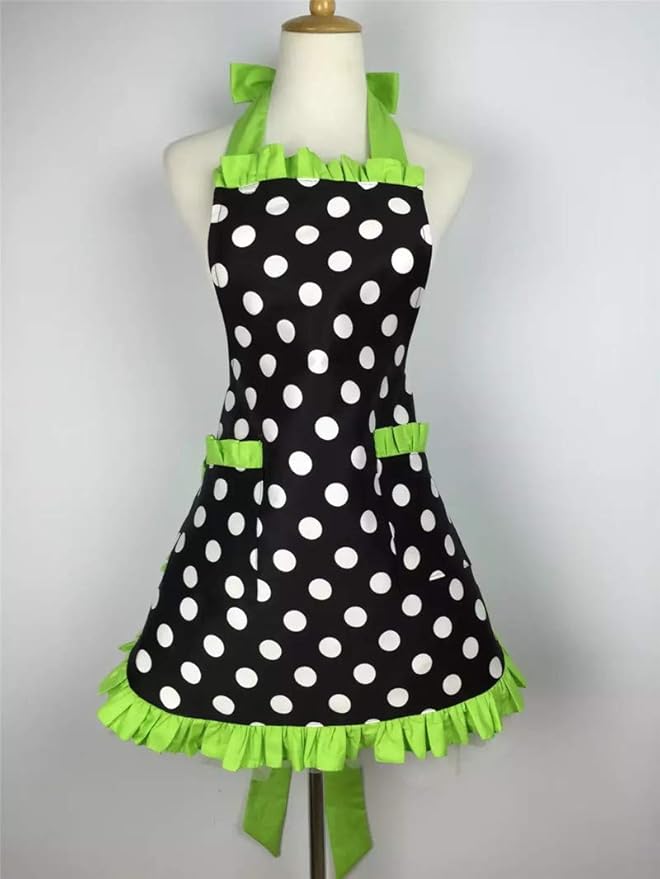 Hyzrz Cute Apron Retro Black Polka Dot Retro Ruffle Side Vintage Cooking Aprons with Pockets for Women Girls (Side Green)