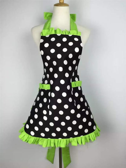 Hyzrz Cute Apron Retro Black Polka Dot Retro Ruffle Side Vintage Cooking Aprons with Pockets for Women Girls (Side Green)