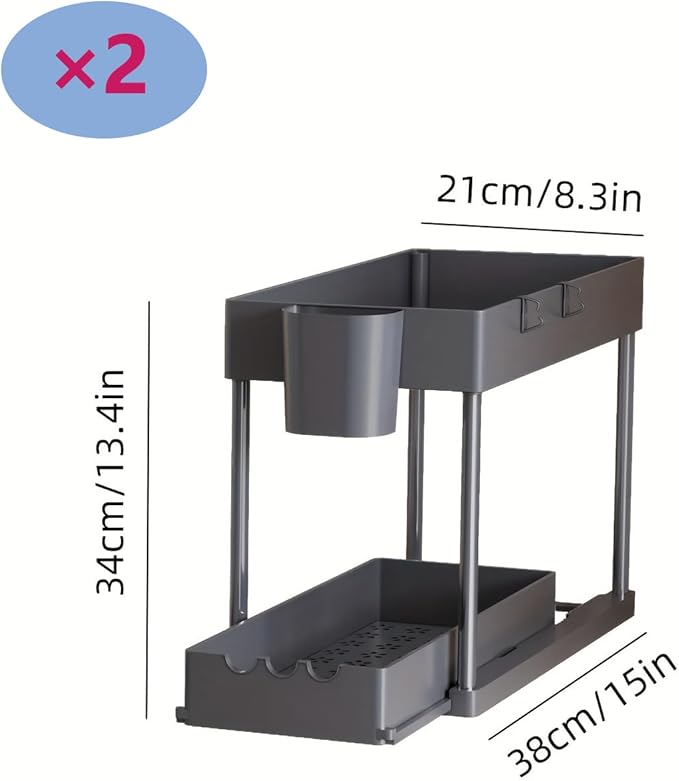 2 Pack Under Sink Organizers and Storage, 2-Tier Sliding Cabinet Organizer Drawer for Bathroom and Kitchen – Multi-Purpose Cabinet Organizer with Easy Pull-Out Design (Grey) - Image 2