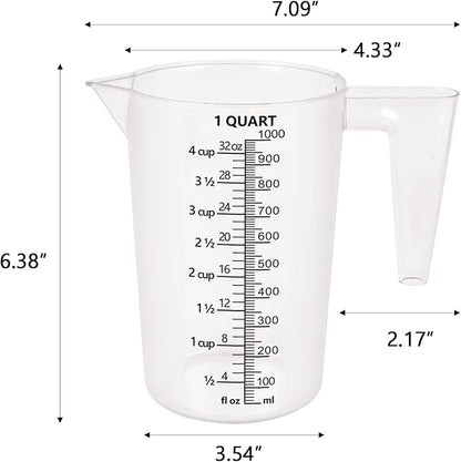 Food-Grade Plastic Measuring Pitcher – 32 Ounce & 4 Cups Measuring Cups with Handle for Liquid, Motor Oil, Pool & Lawn Chemicals, Dilution, Soap Mixing, Brewing, Commercial & Kitchen Use(1000ml)