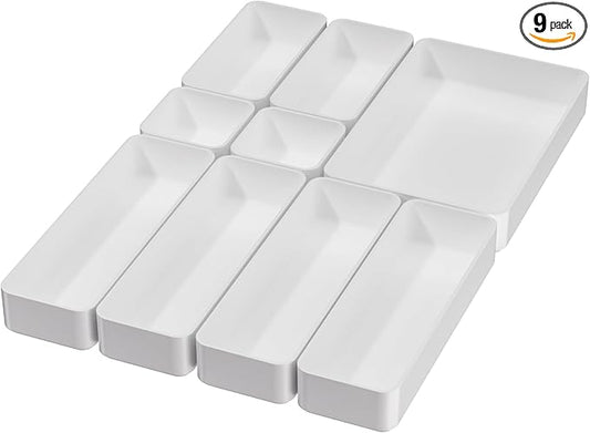 9 Pcs Stackable Drawer Organizer Trays Set, Multifunctional Stackable Storage Trays for Vanity, Bathroom, Kitchen, Desk Drawer Organizer Office. Plastic Drawer Organizers Available In 5 Colours, White by CHANCETSUI