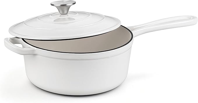 Homikit 3 Quart Saucepan with Lid, Enameled Cast Iron Saucepan for All Cooktops, Heavy Duty Cast Iron Pot for Kitchen Cooking, Boiling, Nonstick & Heat Resistant Up to 500°F, White