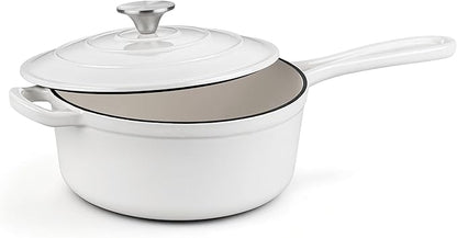 Homikit 3 Quart Saucepan with Lid, Enameled Cast Iron Saucepan for All Cooktops, Heavy Duty Cast Iron Pot for Kitchen Cooking, Boiling, Nonstick & Heat Resistant Up to 500°F, White