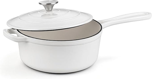 Homikit 3 Quart Saucepan with Lid, Enameled Cast Iron Saucepan for All Cooktops, Heavy Duty Cast Iron Pot for Kitchen Cooking, Boiling, Nonstick & Heat Resistant Up to 500°F, White