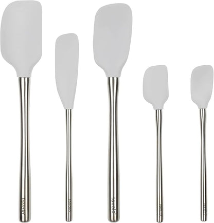 Tovolo Stainless Steel Handled Silicone Spatula Set of 5 Oyster Gray, Dishwasher Safe Kitchen Spatula Set for Cooking Baking, Non Toxic BPA Free Silicone Spatula set with Metal Steel Handle