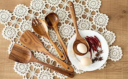 Wood Kitchen Utensils Set, 5 PCs Natural Acacia Wooden Spoons For Cooking for Non-stick Skillet, Utensil set For Cooking With Soup Ladle and Wok Spatulas, Salad fork, Spurtles for Cooking - Image 9