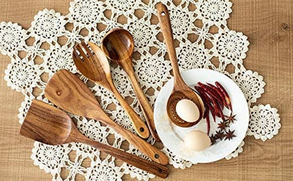 Wood Kitchen Utensils Set, 5 PCs Natural Acacia Wooden Spoons For Cooking for Non-stick Skillet, Utensil set For Cooking With Soup Ladle and Wok Spatulas, Salad fork, Spurtles for Cooking - Image 9