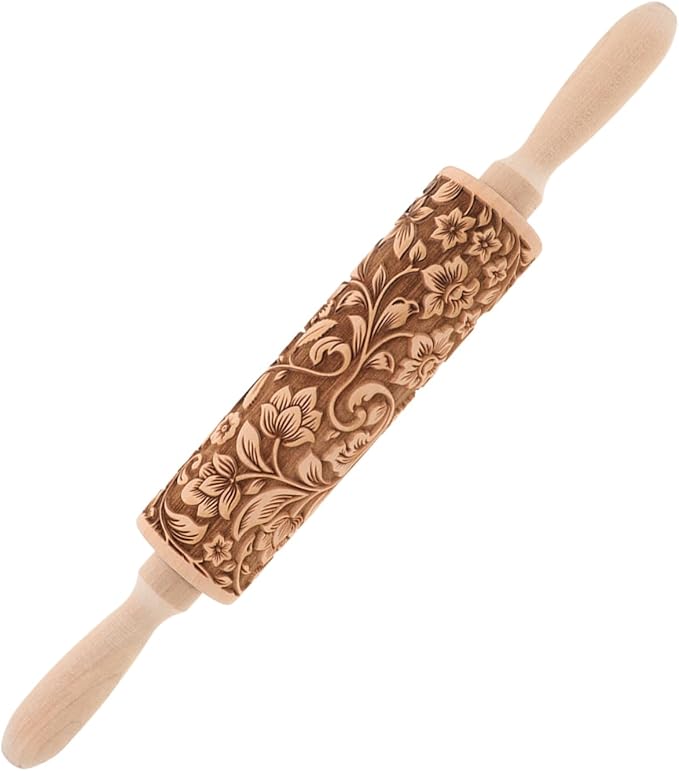 Embossed Rolling Pin for Baking Wooden Pastry Roller with Intricate Floral Patterns for Cookies Fondant and Dough for Weddings Holidays and Special Occasions