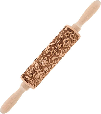Embossed Rolling Pin for Baking Wooden Pastry Roller with Intricate Floral Patterns for Cookies Fondant and Dough for Weddings Holidays and Special Occasions