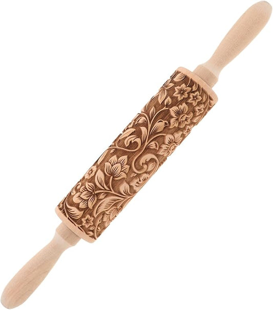 Embossed Rolling Pin for Baking Wooden Pastry Roller with Intricate Floral Patterns for Cookies Fondant and Dough for Weddings Holidays and Special Occasions