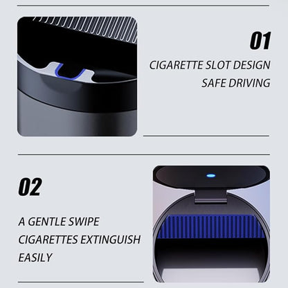 Ashtray with Lid,Smokeless Ashtray for Cup Holder Smell Proof,Detachable Stainless Steel Car Ash Tray with LED Auto Light, for Most Car, Office, Home (Grey)