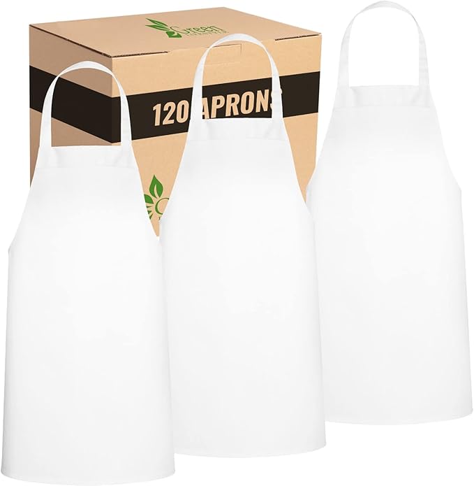 GREEN LIFESTYLE 120 Pack Professional Chef Apron – Grilling Aprons for Men, Waterproof Cooking Apron for BBQ, Work or Restaurant Use, Kitchen Aprons for Women – White, No Pockets by GreenLifeStyle
