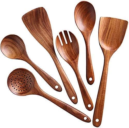 Mother’s Day Wooden Spoons for Cooking Set of 6, Handmade Mango Wood Kitchen Utensils Set, Nonstick Safe Wooden Cooking Utensils with Spoon, Spatula, Turner, Smooth Finish Gift for Mom