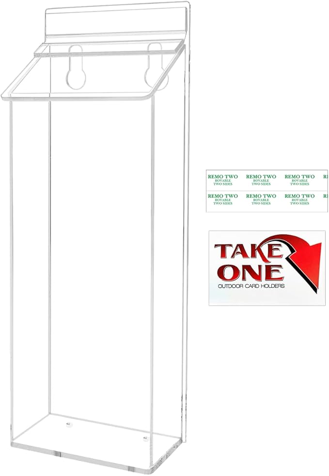 Outdoor Brochure Holder Holds 4" x 9" Advertising Trifolds Clear Acrylic Wall Mount Rack Card Box with Lid Includes Adhesive Strips and Take One Sticker by Marketing Holders