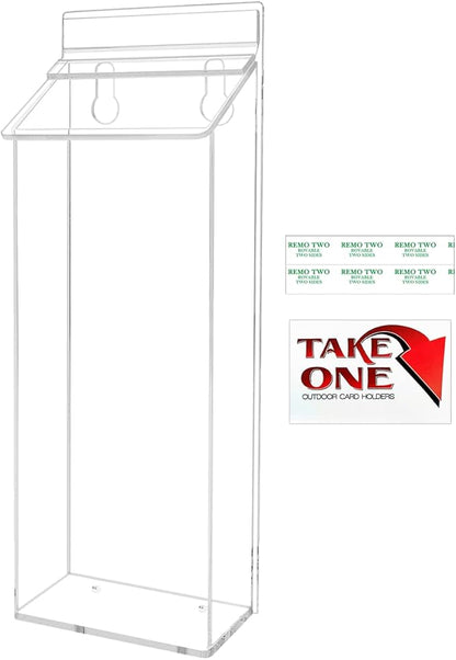 Outdoor Brochure Holder Holds 4" x 9" Advertising Trifolds Clear Acrylic Wall Mount Rack Card Box with Lid Includes Adhesive Strips and Take One Sticker by Marketing Holders