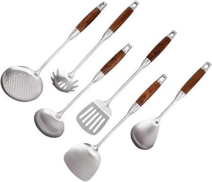 VALESKA Kitchen Utensils Set with Wood Handle, 6 Pieces Stainless Steel Utensils Set, Metal Cooking Utensils Set, Non-Stick and Heat Resistant by VALESKA