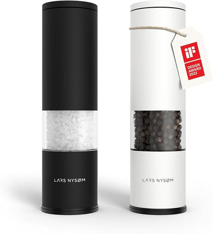 LARS NYSØM Salt and Pepper Grinder Set Manual, Stainless Steel Salt and Pepper Mills with Adjustable Ceramic Grinder I Design Spice Shakers (Black/White) by LN