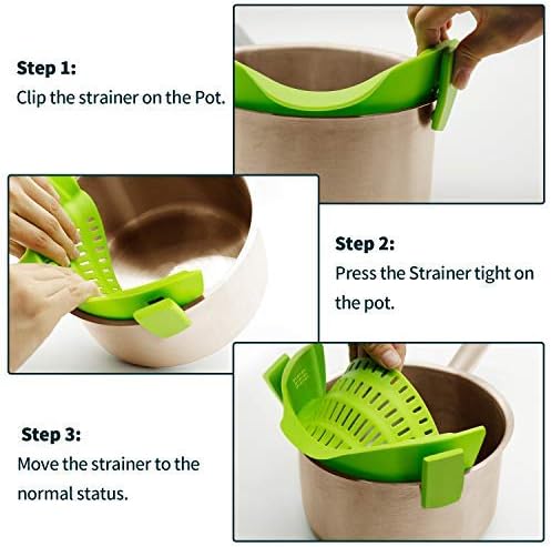 Clip On Strainer Silicone Pots and Pans, AUOON Pasta Strainer Clip on Food Strainer for Meat Vegetables Fruit Silicone Kitchen Colander, Green - Image 5