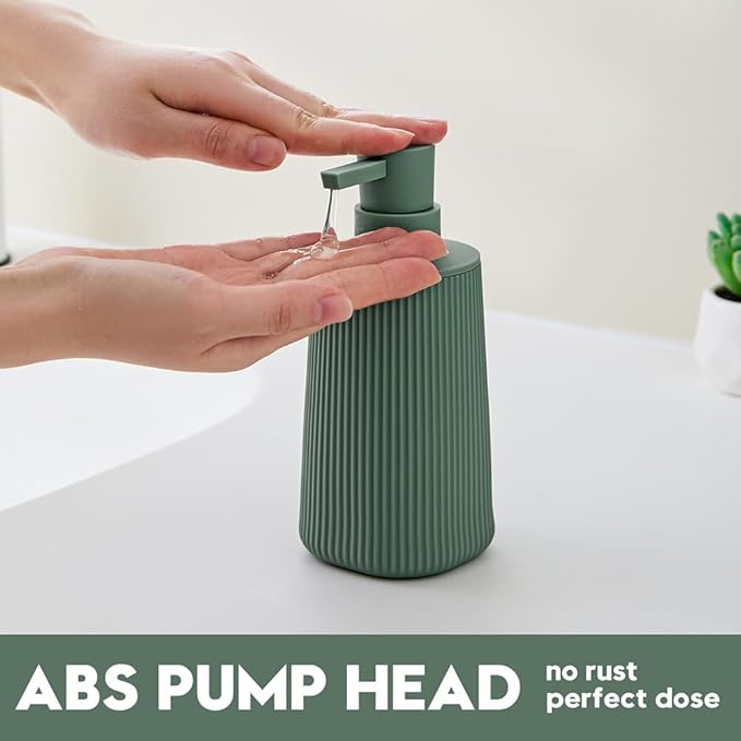 Small Soap Dispenser for Bathroom and Kitchen, Modern Farmhouse Striped Style Plastic Hand Soap Dish Soap Dispenser with Pump Matte Green - Image 3