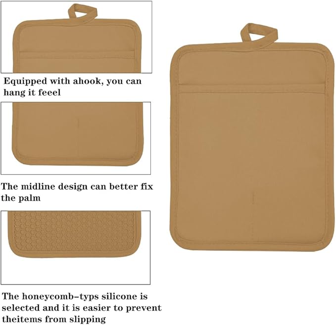 Oven Pot Holder with Pocket Cotton Heat Resistant Coaster Potholder Kitchen Hot Pad Oven Mitts for Cooking and Baking Square 7"x9" (Khaki, Silicone) - Image 3