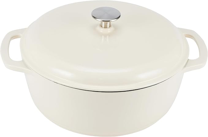 Amazon Basics Enameled Cast Iron Dutch Oven Pot with Lid, Oven Safe, Heavy-Duty, Dual Handles for Baking, Roasting, Stews, Round, 6-Quart, White by AmazonBasics