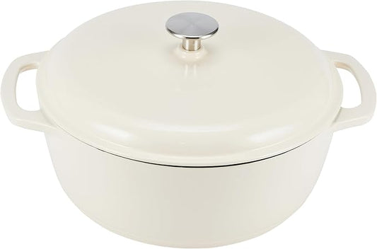 Amazon Basics Enameled Cast Iron Dutch Oven Pot with Lid, Oven Safe, Heavy-Duty, Dual Handles for Baking, Roasting, Stews, Round, 6-Quart, White by AmazonBasics