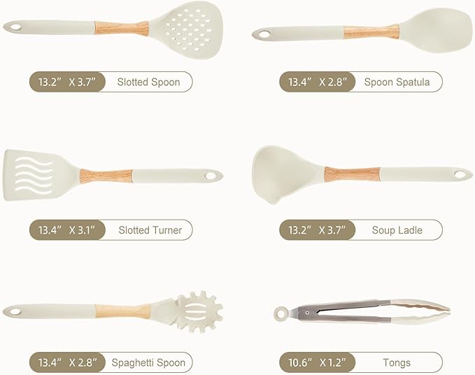 Kitchen Utensils Set - 7 PCS Non-Stick Silicone Cooking Utensils Set Spatula Set with Holder, Wooden Handle Spoon,Tongs,Whisk Kitchen Gadgets Tools Set for Nonstick Cookware (Cream White-7Max) - Image 6