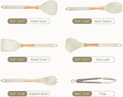Kitchen Utensils Set - 7 PCS Non-Stick Silicone Cooking Utensils Set Spatula Set with Holder, Wooden Handle Spoon,Tongs,Whisk Kitchen Gadgets Tools Set for Nonstick Cookware (Cream White-7Max) - Image 6