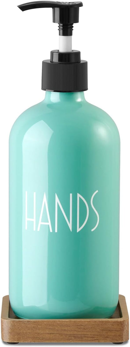 Turquoise Glass Hand Soap Dispenser with Acacia Wood Tray, 16 oz Refillable Hand Soap Pump Bottle, Decorative Teal Countertop Soap Dispenser Set for Kitchen, Bathroom, Restaurant by Unknown