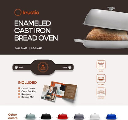 Krustic Enameled Cast Iron Dutch Oven for Professional Sourdough Bread Baking | 5.5 Quart Loaf Size Oval Cookware Pot with Lid | Triple-Layer Enamel Coating Pan with Non Stick Silicone Mat | White